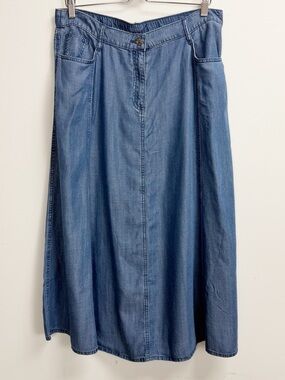 Chicos Skirt Womens 12 Blue Indigo Chambray Fly Front Aline Midi Bailey NWT